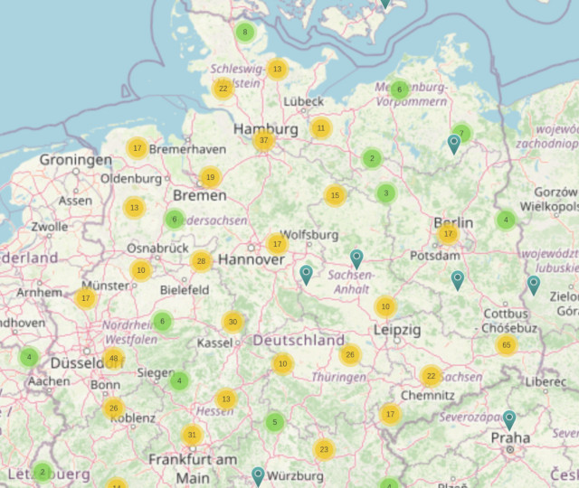 Karte von Deutschland mit kostenlosen Camping-Möglichkeiten auf Privatgrundstücken